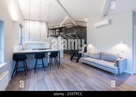 Un appartement loft élégant et contemporain avec une cuisine ouverte avec tabourets de bar, un espace de travail en mezzanine et un design minimaliste épuré. Moderne Banque D'Images