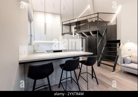 Un appartement loft élégant et contemporain avec une cuisine ouverte avec tabourets de bar, un espace de travail en mezzanine et un design minimaliste épuré. Moderne Banque D'Images