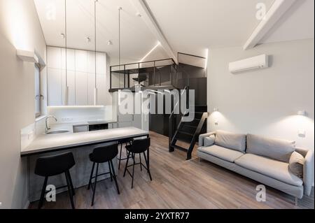 Un appartement loft élégant et contemporain avec une cuisine ouverte avec tabourets de bar, un espace de travail en mezzanine et un design minimaliste épuré. Moderne Banque D'Images