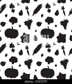 Vecteur modèle sans couture de la silhouette noire de fruits et légumes doodle isolé sur fond blanc Illustration de Vecteur