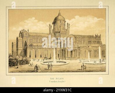Gartenflora, Erlangen, F. Enke, 1852-1940, botanique, jardinage, Allemagne, périodiques, plantes, ornemental, bâtiments, l'illustration représente une structure architecturale élaborée caractérisée par des conceptions complexes et des caractéristiques grandioses. Le bâtiment présente un dôme proéminent en son centre, flanqué de façades ornées qui comprennent des arches et des embellissements détaillés. Autour de la structure se trouvent des figures de personnes, probablement des visiteurs, qui ajoutent un sens de l'échelle. Une fontaine circulaire est située au premier plan, mettant en valeur le paysage avec sa présence élégante. La scène se déroule sur fond de nuages Banque D'Images