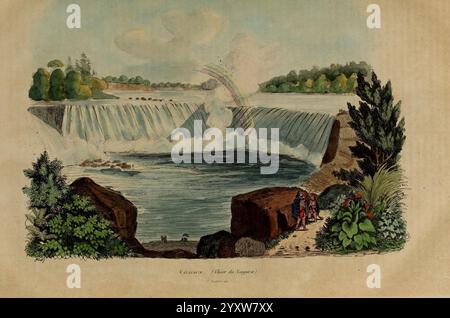 Dictionnaire pittoresque d'histoire naturelle et des phénomènes de la nature, Paris, 1833-[1840], cascade, Une représentation vibrante d'une cascade majestueuse descendant des falaises rocheuses, entourée d'une végétation luxuriante. Des arbres imposants encadrent la scène, tandis que des éclaboussures d'eau créent une brume qui aperçoit un arc-en-ciel scintillant. Au premier plan, de grands rochers et un feuillage vibrant fournissent une riche tapisserie de couleurs, améliorant la beauté naturelle du paysage. Quelques personnages peuvent être vus près du bord de l’eau, ajoutant une impression d’échelle et invitant à la contemplation de la grandeur de la nature. Banque D'Images