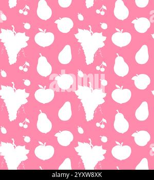 Modèle sans couture de vecteur de silhouette blanche de fruits et de baies de croquis isolé sur fond rose Illustration de Vecteur