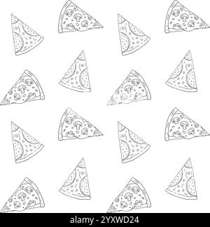 Modèle sans couture vectoriel de croquis de doodle dessiné à la main pepperoni et tranche de pizza de champignon isolé sur fond blanc Illustration de Vecteur