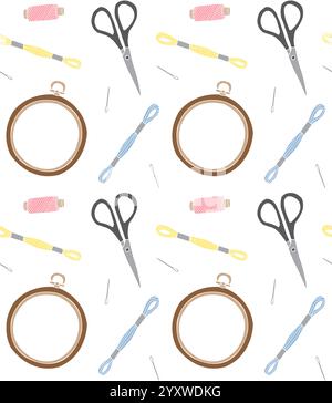 Modèle sans couture vectoriel de l'équipement d'accessoires de broderie d'esquisse de doodle dessiné à la main coloré isolé sur fond blanc Illustration de Vecteur