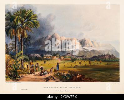 Douze vues à l'intérieur de la Guyane, Londres, Ackermann et Co, 1841, description et voyage, Guyana, œuvres picturales, Un paysage luxuriant et vibrant se déploie, mettant en valeur une scène sereine avec des montagnes imposantes en arrière-plan, leurs sommets enveloppés de brume. Au premier plan, un groupe diversifié de personnes s'engage dans diverses activités, certaines s'occupant de tâches agricoles tandis que d'autres sont rassemblées autour, peut-être en conversation ou en partage dans le travail de la journée. Les grands palmiers ajoutent une touche exotique au paysage, encadrant la vie animée ci-dessous. L'atmosphère est celle d'harmonie avec la nature, reflétant un v Banque D'Images