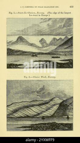 The Quarterly Journal of the Geological Society of London. v. 30 (1874). Londres, géologie, périodiques, l'illustration présente deux scènes détaillées de Norvège, étiquetées ''Fig. 1'' et ''Fig. 2''. Dans la Fig. 1'', l'accent est mis sur la région du Svalbard, avec une vue panoramique sur les montagnes majestueuses avec une courbe douce, indiquant peut-être leur relation avec les formations glaciaires. Au premier plan, un groupe de petits bateaux navigue dans des eaux glacées, mettant en valeur la beauté naturelle et le terrain accidenté de la région. ''Fig. 2'' présente un gros plan du travail glaciaire, représentant le motif complexe Banque D'Images