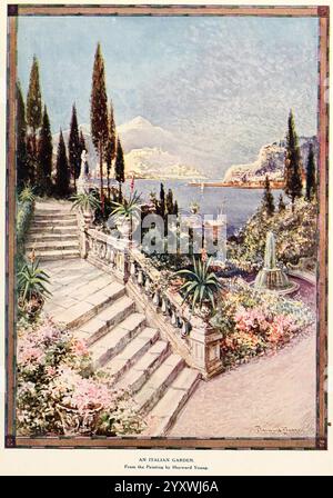Fleur, images, Londres, imprimé par R. R. Clark, 1914, illustration botanique, peinture, technique, un jardin italien serein se déroule, avec un élégant escalier flanqué de verdure luxuriante et de fleurs vibrantes. Le sentier mène à un front de mer pittoresque, encadré par des collines en arrière-plan, faisant allusion à une ville côtière pittoresque. Les grands cyprès s'élèvent majestueusement, donnant un sentiment de grandeur. Une douce brise semble bruir les feuilles, tandis qu'une fontaine scintille à la lumière du soleil, améliorant l'atmosphère tranquille. Au loin, les bateaux traversent gracieusement les eaux calmes, complétant Banque D'Images
