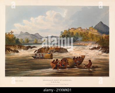 Douze vues à l'intérieur de la Guyane, Londres, Ackermann et Co, 1841. Description et voyage, Guyana, Pictorial Works., Un paysage pittoresque avec une scène fluviale animée avec plusieurs bateaux naviguant sur l'eau. Le cadre présente une végétation luxuriante et des affleurements rocheux le long des berges, tandis que les montagnes lointaines offrent une toile de fond pittoresque. Les gens peuvent être vus dans les bateaux, se livrant à diverses activités, évoquant un sentiment de communauté et d'aventure. Le ciel au-dessus est orné de nuages doux et tourbillonnants, suggérant une atmosphère tranquille mais dynamique. A proximité, un bâtiment se trouve sur une colline, ajouter Banque D'Images