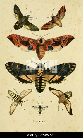 The common of England Glasgow, Manchester, and New York, George Routledge and sons, [1870], Angleterre, œuvres picturales, Smerinthus ocellatus, Acherontia atropos, Choerocampa porcellus, Macroglossa stellatarum, Macroglossa bombyliformis, Sesia apiformis, Sesia tipuliformis, blanchissement courant, teigne du frelon, teigne du faucon à bordures étroites, teigne du faucon colibri, faucon, papillon de nuit de la mort, page de peur, Halloween, Une illustration détaillée mettant en vedette une variété d'espèces de papillons et de papillons. La composition est disposée verticalement, avec sept insectes distincts mis en évidence. En haut, trois papillons affichent un RAN Banque D'Images