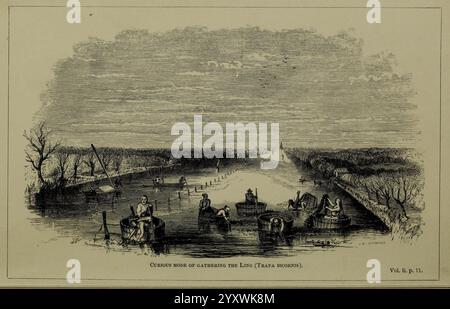 Deux, visites, à, le, thé, pays, de, Chine, et, le, British, thé, plantations, in, le, Himalaya, Londres, J. Murray, 1853, Chine, Inde, thé, plantations de thé, collecte de plantes, description, et, voyage, la scène représente un paysage de rivière serein avec de douces ondulations reflétant le ciel. Au premier plan, plusieurs personnages sont engagés dans diverses activités le long du bord de l'eau, impliquant probablement la pêche ou la collecte de ressources. Ils sont situés dans de petits bateaux ou sur le rivage, entourés d'arbres qui encadrent la scène. L'arrière-plan révèle une étendue d'eau paisible qui s'étend vers un Banque D'Images