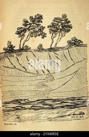 The Natural history of South Devon, Plymouth, imprimé et publié par Jenkin Thomas, 1839, Devon, Devon, Angleterre, histoire naturelle, Un paysage serein avec une colline en pente douce ornée de quelques arbres au sommet. Le terrain est en couches complexes, présentant des motifs qui suggèrent des formations géologiques naturelles. La scène passe à un plan d'eau calme au fond, reflétant les textures du paysage au-dessus. La composition transmet un sentiment de tranquillité et de connexion à la nature, soulignant l'harmonie entre la terre et ses éléments. Une inscription subtile dans la corne Banque D'Images
