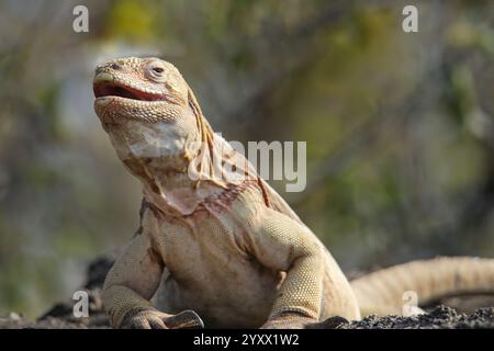 Barrington Land iguana (Conolophus pallidus) sur l'île de Santa Fe, parc national de Galapagos, Équateur. Il est endémique à l'île de Santa Fe. Banque D'Images