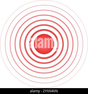 Cercles concentriques rouges avec un point au centre. Cible ou AIM, icône de localisation de la douleur. Symbole de douleur, de douleur ou d'inflammation. Signe d'impulsion, de vibration ou de rayonnement. Pictogramme de signal sonore. Illustration vectorielle. Illustration de Vecteur