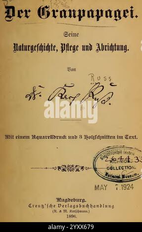 Der Graupapagei. Seine Naturgeschichte, Pflege und Abrichtung. - Karl Ruß, 1896 (page de titre). Banque D'Images