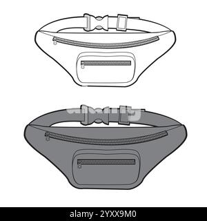 Modèle de maquette de vecteur de dessin de ligne technique de sac de bum. Illustration de Vecteur