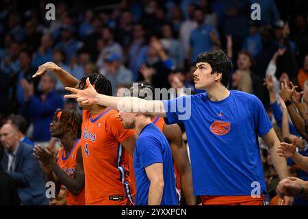 Charlotte, Caroline du Nord, États-Unis. 17 décembre 2024. Les joueurs sur le banc des Florida Gators célèbrent les points marqués contre la Caroline du Nord. Les équipes de basket-ball masculines et féminines de Caroline du Nord, Floride, Michigan et Oklahoma se rendent à Charlotte, Caroline du Nord, pour participer au Jumpman Invitational 2024. (Crédit image : © Maxwell Vittorio/ZUMA Press Wire) USAGE ÉDITORIAL SEULEMENT! Non destiné à UN USAGE commercial ! Banque D'Images