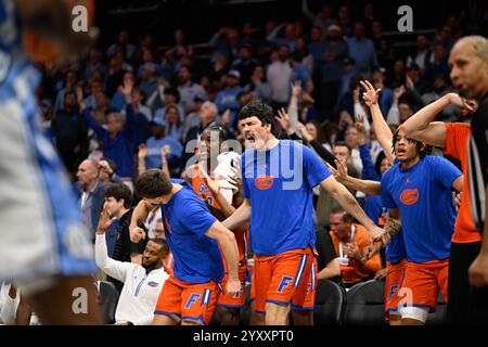 Charlotte, Caroline du Nord, États-Unis. 17 décembre 2024. Le banc des Florida Gators célèbre les points marqués contre les North Carolina Tar Heels. Les équipes de basket-ball masculines et féminines de Caroline du Nord, Floride, Michigan et Oklahoma se rendent à Charlotte, Caroline du Nord, pour participer au Jumpman Invitational 2024. (Crédit image : © Maxwell Vittorio/ZUMA Press Wire) USAGE ÉDITORIAL SEULEMENT! Non destiné à UN USAGE commercial ! Banque D'Images