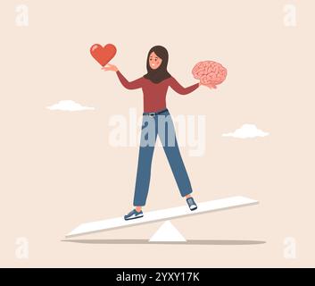 Équilibre entre le cerveau et le cœur. Concept de sentiment de contrôle et d'émotion. La femme islamique essaie d'équilibrer entre instinct et intellect. Vecteur Illustration de Vecteur