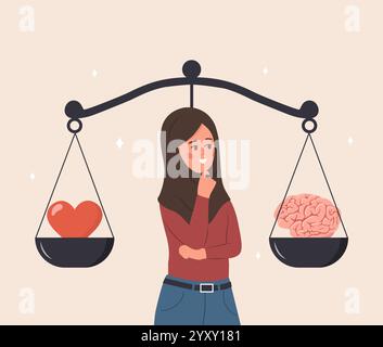 Équilibre entre cœur et cerveau. Concept de bien-être. Femme arabe regardant les écailles avec amour d'un côté et pratique à l'opposé. Illustration vectorielle Illustration de Vecteur