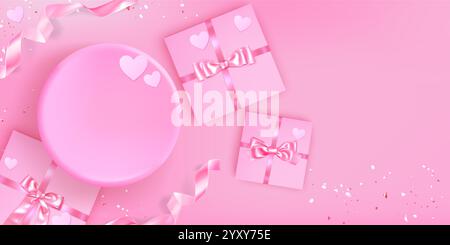 Podium élégant rose avec cadeaux - cadeaux emballés décorés de rubans de soie, de noeuds, d'ornements de coeur et de confettis dispersés sur fond pastel. Saint-Valentin, mariage ou design romantique. Illustration de Vecteur