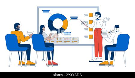 Employés de bureau analystes rencontrant des personnages de dessins animés 2D. Illustration de Vecteur