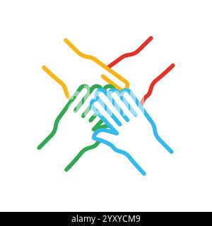 Icône de ligne de pile de quatre mains. Équipe, unité, amitié. Concept de travail d'équipe. Peut être utilisé pour des sujets tels que les affaires, la coopération, le partenariat Illustration de Vecteur