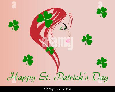 Femme avec des feuilles vertes sur la tête et un trèfle vert sur la tête. Le fond est rose et a des trèfles vertes. Shamrock Saint Patrick Day Rainb Illustration de Vecteur