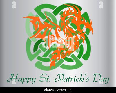 Dragon avec un coeur dessus est sur un fond vert. L'arrière-plan est un design celtique. Le texte dit Happy obtient Patrick Day. Shamrock Saint Patrick Day Illustration de Vecteur