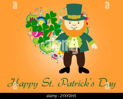 Dessin animé d'un homme portant un chapeau vert et une veste verte. Il se tient devant un cœur à quatre feuilles. L'arrière-plan est orange. Shamrock Saint Illustration de Vecteur