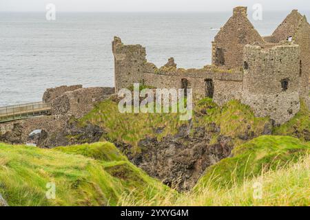 Ruines du château de Dunluce en Irlande du Nord avec l'océan en arrière-plan Banque D'Images