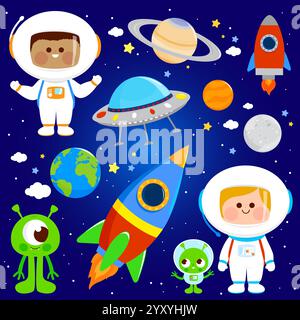 Astronautes enfants et extraterrestres dans l'espace. Enfants dans des combinaisons spatiales, planètes et vaisseaux spatiaux. Planètes et espace OVNI. Jeu d'illustrations Banque D'Images