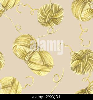 Écheveau de fil à tricoter modèle sans couture boule de couleur jaune vert de clipart de fil aquarelle illustration dessinée à la main dans un style confortable réaliste Banque D'Images