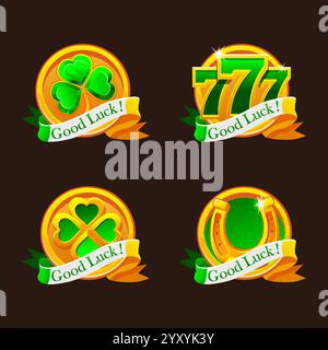 Icônes vertes-dorées de la Saint Patrick pour votre jeu, machine à sous, carte de voeux, autocollant ou impression. Quatre icônes : trèfle, trèfle, chance numéro 777 et fer à cheval Illustration de Vecteur