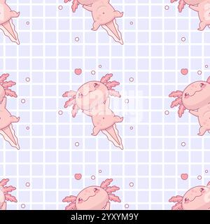 Modèle sans couture avec mignon axolotl rose sur fond à carreaux bleu clair. Drôle petit personnage de dessin animé kawaii. Collection enfants. Illustration vectorielle Illustration de Vecteur