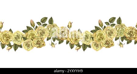 Bordure sans couture ou carte de visite de fleurs roses jaunes avec des feuilles vertes isolées sur fond blanc. Modèle d'illustration botanique aquarelle pour Banque D'Images
