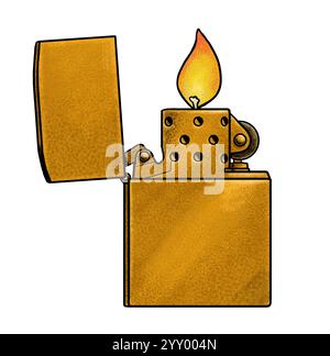 Dessin d'un briquet en bronze. Briquet avec feu. Dessin fait à la main. Banque D'Images