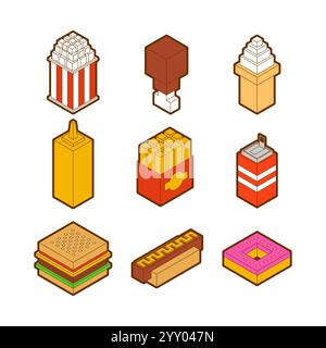 Set de restauration rapide isométrique. Tranche de pizza et un beignet. Soda et hamburger. Frites et pop-corn. Jeu d'icônes Fastfood Illustration de Vecteur