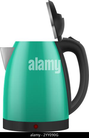 Bouilloire électrique domestique avec couvercle ouvert de couleur verte. Appareil de cuisine réaliste pour chauffer l'eau et faire des boissons chaudes sur fond blanc Illustration de Vecteur