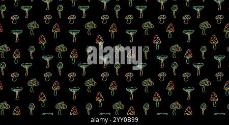 Motif Fantasy Mushrooms Seamless. Line art éléments floraux drôles. Fond d'écran croquis champignon dans le style des années 1960 ou 1970 en vert fluo et orange. Vecteur Illustration de Vecteur
