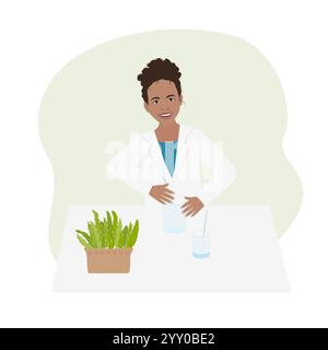 Médecin femme à la peau foncée en manteau blanc travaillant en laboratoire Illustration de Vecteur