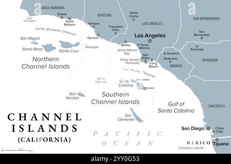 Îles Anglo-Normandes de Californie, carte politique grise. Archipel de huit îles dans le Pacifique, au sud-ouest de la région métropolitaine de Los Angeles. Banque D'Images