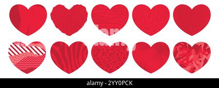 Ensemble d'icônes de coeurs rouges avec diverses textures. Textile, icônes de coeur grunge, coeur avec imprimé animal et motif abstrait. Illustration vectorielle Illustration de Vecteur