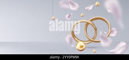 Composition 3D élégante avec des anneaux de mariage imbriqués dorés entourés de sphères de perles flottantes et de pétales de fleurs roses douces. bac romantique minimaliste Illustration de Vecteur