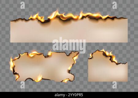 Feuilles de papier brûlant ensemble isolé sur fond transparent. Illustration réaliste vectorielle du feu sur le bord endommagé du document antique, lâche fumante Illustration de Vecteur