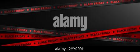 Fond sombre avec des rubans cramoisis diagonaux avec motif de texte Black Friday. Ruban adhésif rouge et noir avec affiche de solde pour la bannière promotionnelle saisonnière, réf Illustration de Vecteur