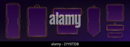 Éléments d'interface de jeu numérique - cadres rectangulaires violets avec bordures art déco dorées. Bannières verticales, barres horizontales, panneaux carrés avec lin fin Illustration de Vecteur