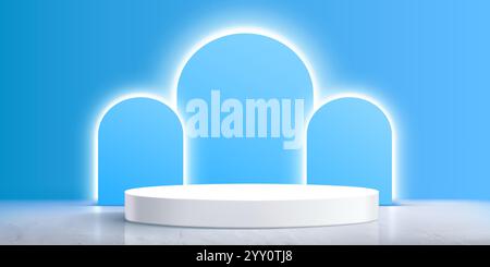 Podium circulaire blanc sur fond arqué bleu lumineux avec des bords brillants. Plate-forme minimaliste de scène d'affichage sur la surface de sol en marbre brillant. Moder Illustration de Vecteur