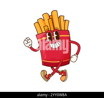 Dessin animé fast food frites groovy personnage. Collation de restaurant à emporter, café de rue frites ou repas de menu indésirable hippie caractère vecteur isolé. Snack de restauration rapide Happy Groovy personnage Illustration de Vecteur
