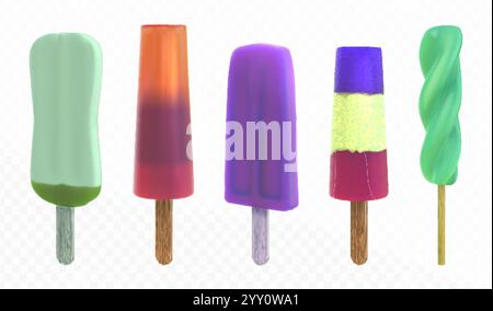 popsicle de glace d'été 3d. Crème isolée sur bâton illustration réaliste. Ensemble de desserts à popstick surgelé à gradient de fruits. Rafraîchissant savoureux en-cas wi Illustration de Vecteur